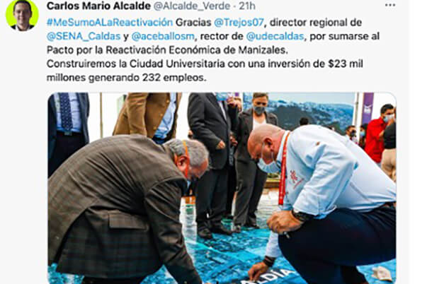 A través de twitter, Carlos Mario Marín, alcalde de Manizales, agradeció al director (e) del SENA Caldas por sumarse al Pacto